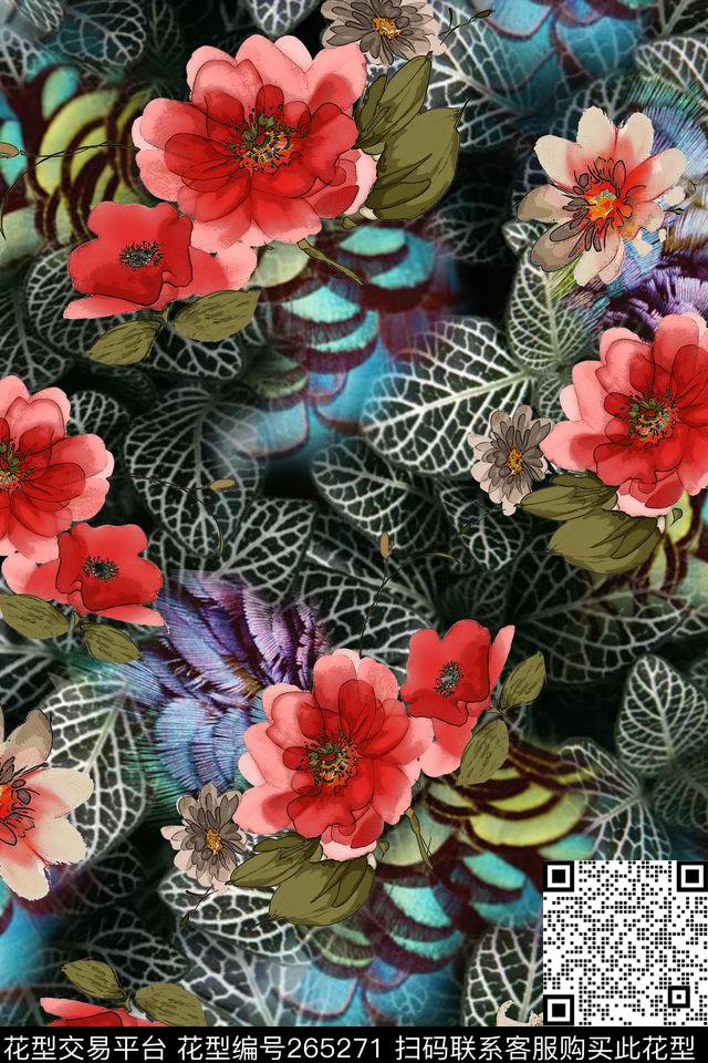 手绘花卉叶子数码印花华亿平台下载（图片编号: 265271） - 瓦栏（Walan）