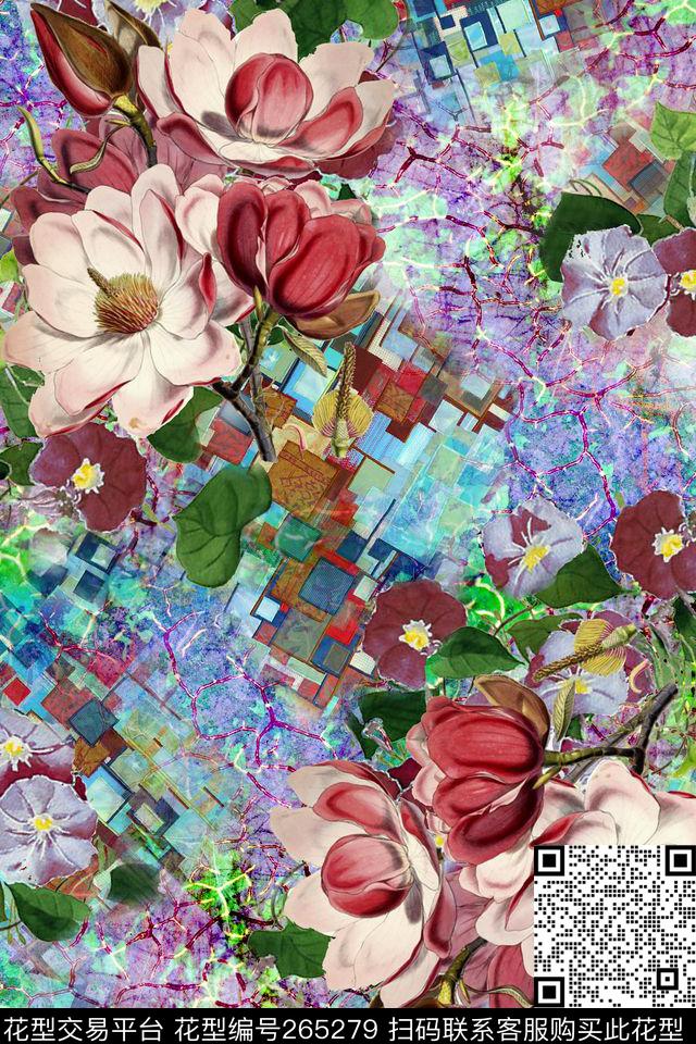 手绘莲花方格数码印花华亿平台下载（图片编号: 265279） - 瓦栏（Walan）