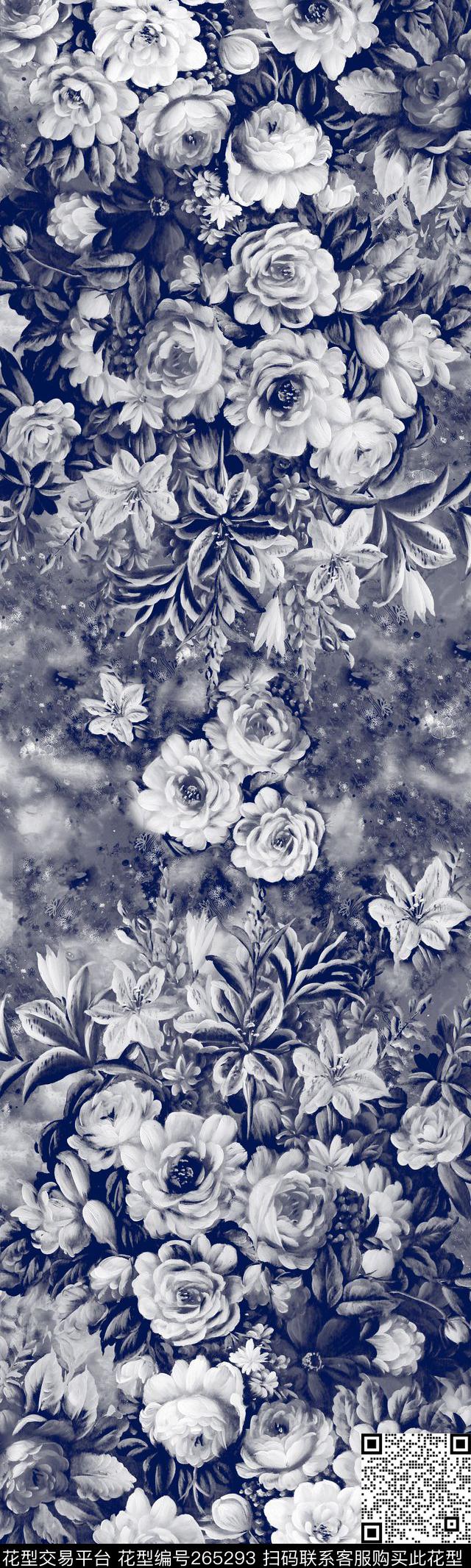 黑白花卉大花数码印花华亿平台下载（图片编号: 265293） - 瓦栏（Walan）
