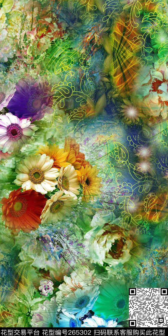 彩色花卉佩斯利涡旋纹数码印花华亿平台下载（图片编号: 265302） - 瓦栏（Walan）