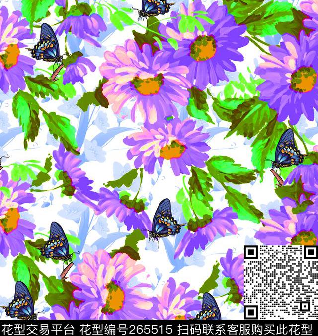 水彩花卉蝴蝶传统印花华亿平台下载（图片编号: 265515） - 瓦栏（Walan）