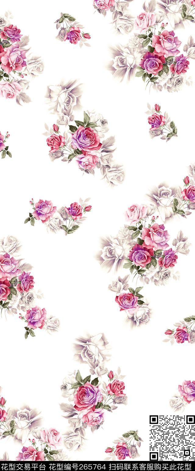 白底花卉花朵数码印花华亿平台下载（图片编号: 265764） - 瓦栏（Walan）