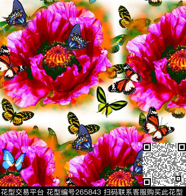 花卉蝴蝶温馨数码印花华亿平台下载（图片编号: 265843） - 瓦栏（Walan）