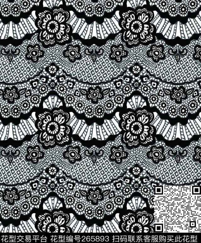 蕾丝花边黑白传统印花华亿平台下载（图片编号: 265893） - 瓦栏（Walan）