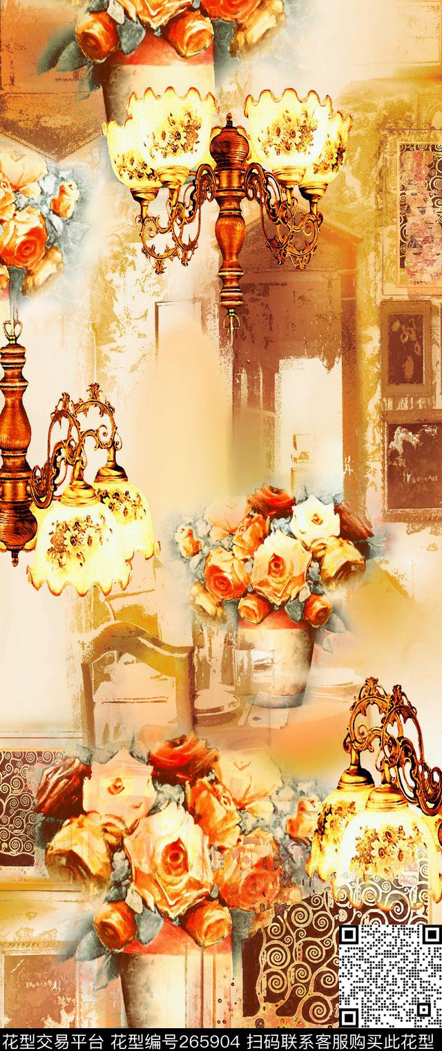 灯柱花卉古典数码印花华亿平台下载（图片编号: 265904） - 瓦栏（Walan）