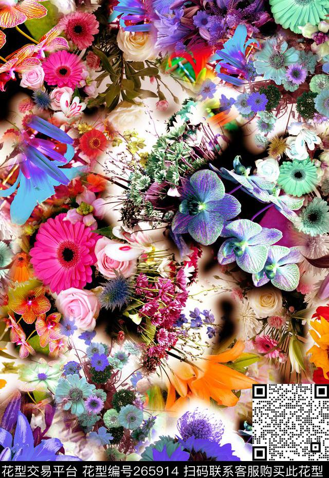 彩色花卉平铺数码印花华亿平台下载（图片编号: 265914） - 瓦栏（Walan）
