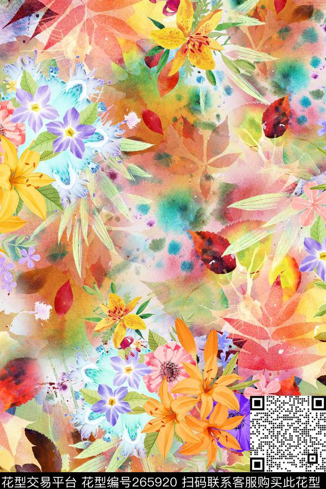 花卉百合彩色数码印花华亿平台下载（图片编号: 265920） - 瓦栏（Walan）