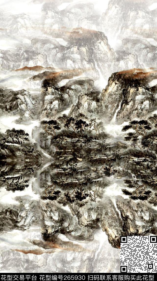 中国风山水写意数码印花华亿平台下载（图片编号: 265930） - 瓦栏（Walan）