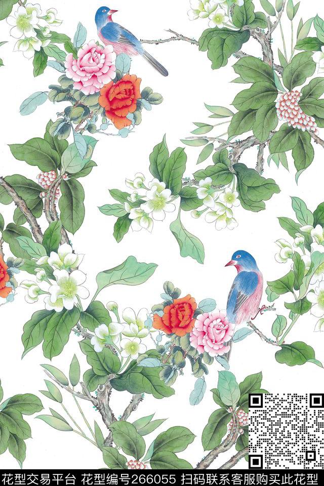 花鸟中国风工笔画数码印花华亿平台下载（图片编号: 266055） - 瓦栏（Walan）