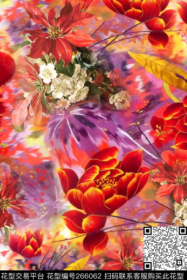 花卉浓郁红色数码印花华亿平台下载（图片编号: 266062） - 瓦栏（Walan）
