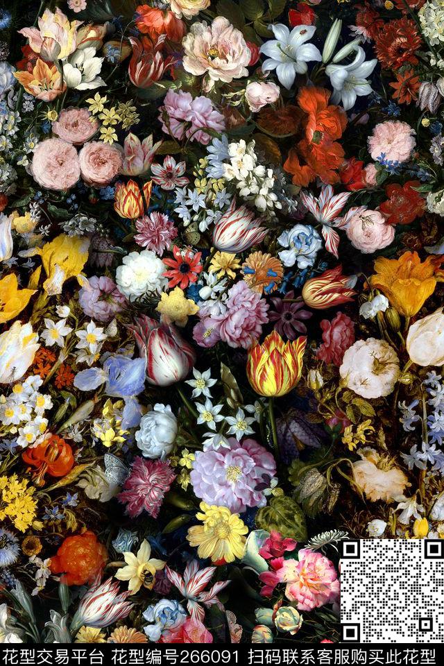 油画花卉黑底数码印花华亿平台下载（图片编号: 266091） - 瓦栏（Walan）