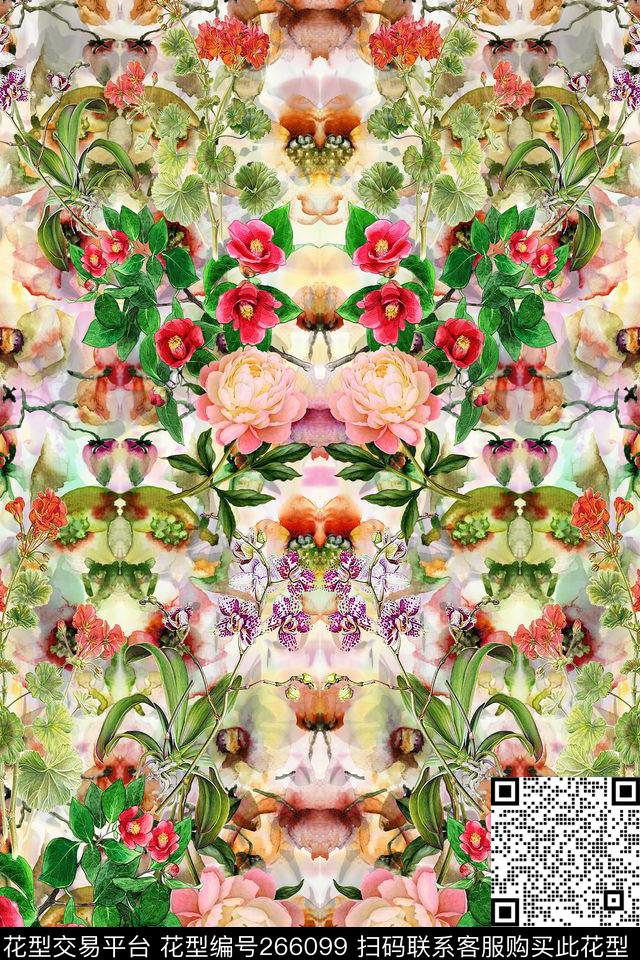 水彩花卉对称数码印花华亿平台下载（图片编号: 266099） - 瓦栏（Walan）