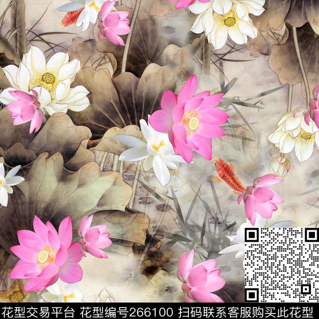 中国风水墨荷花数码印花华亿平台下载（图片编号: 266100） - 瓦栏（Walan）