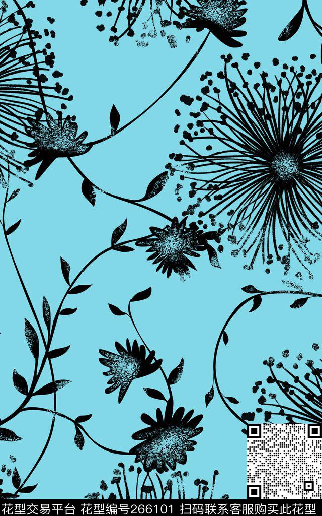 双色花卉单色剪影传统印花华亿平台下载（图片编号: 266101） - 瓦栏（Walan）