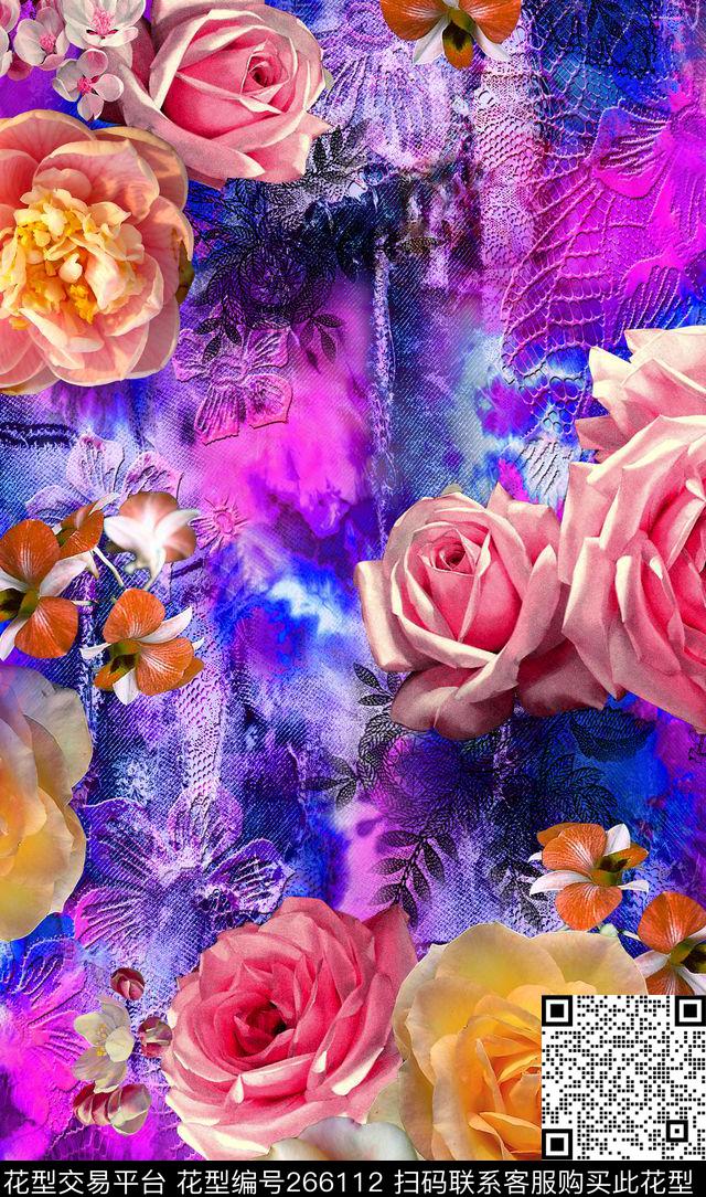 花卉蕾丝数码印花华亿平台下载（图片编号: 266112） - 瓦栏（Walan）