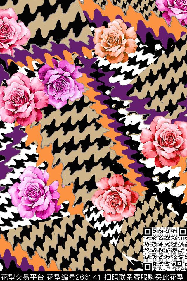 千鸟格花卉花朵数码印花华亿平台下载（图片编号: 266141） - 瓦栏（Walan）