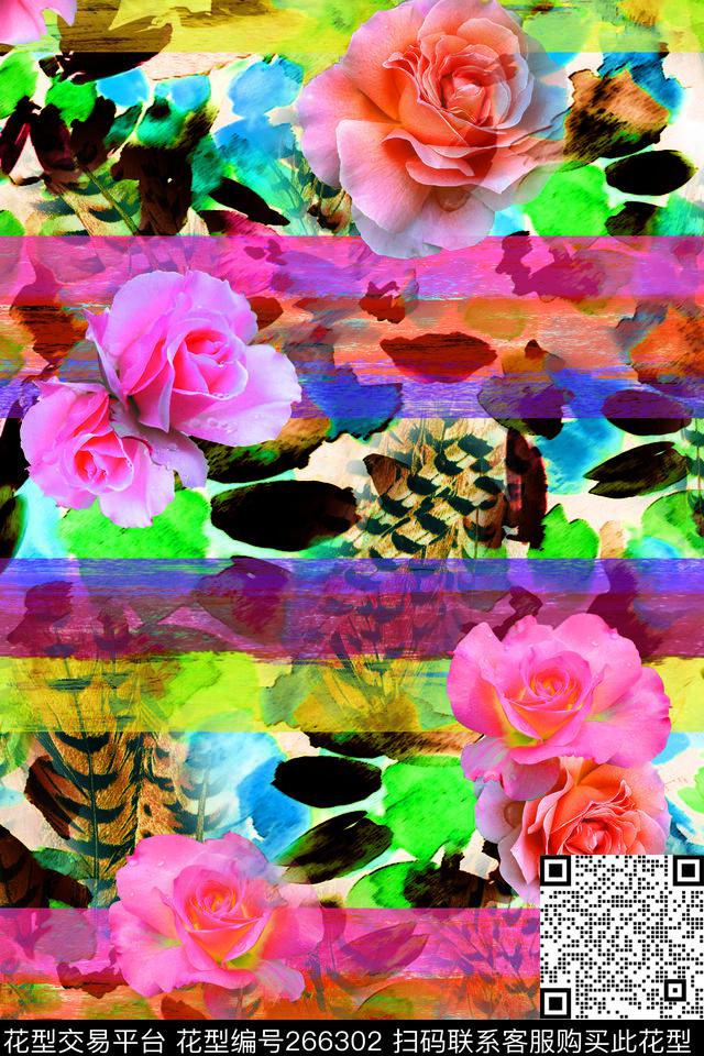 条纹花卉花朵数码印花华亿平台下载（图片编号: 266302） - 瓦栏（Walan）