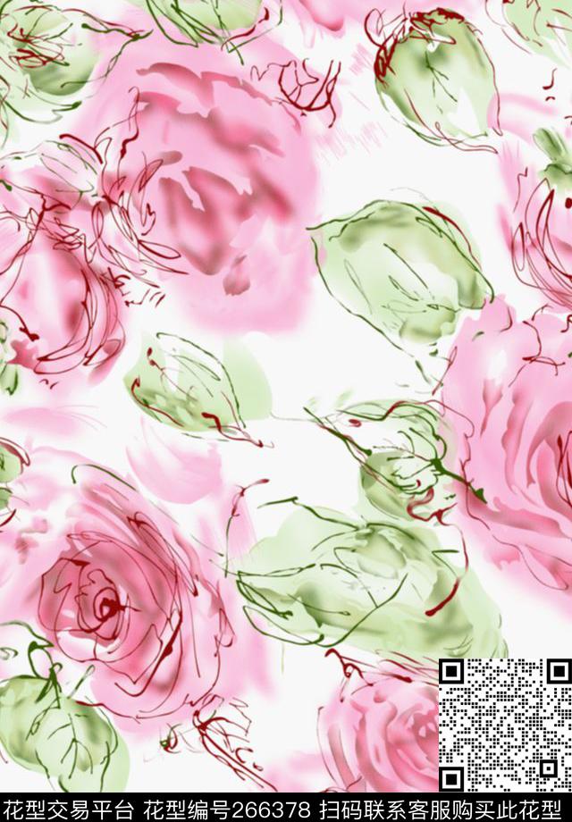 手绘花卉玫瑰传统印花华亿平台下载（图片编号: 266378） - 瓦栏（Walan）