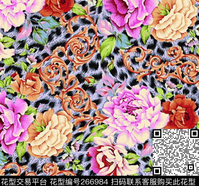 豹纹动物纹花卉数码印花华亿平台下载（图片编号: 266984） - 瓦栏（Walan）