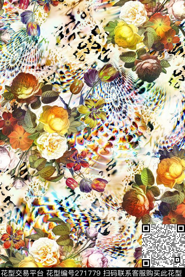豹纹花卉彩色数码印花华亿平台下载（图片编号: 271779） - 瓦栏（Walan）