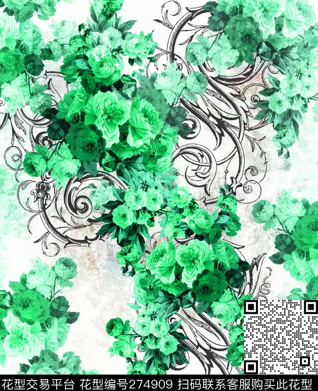 花卉花朵绿色调数码印花华亿平台下载（图片编号: 274909） - 瓦栏（Walan）