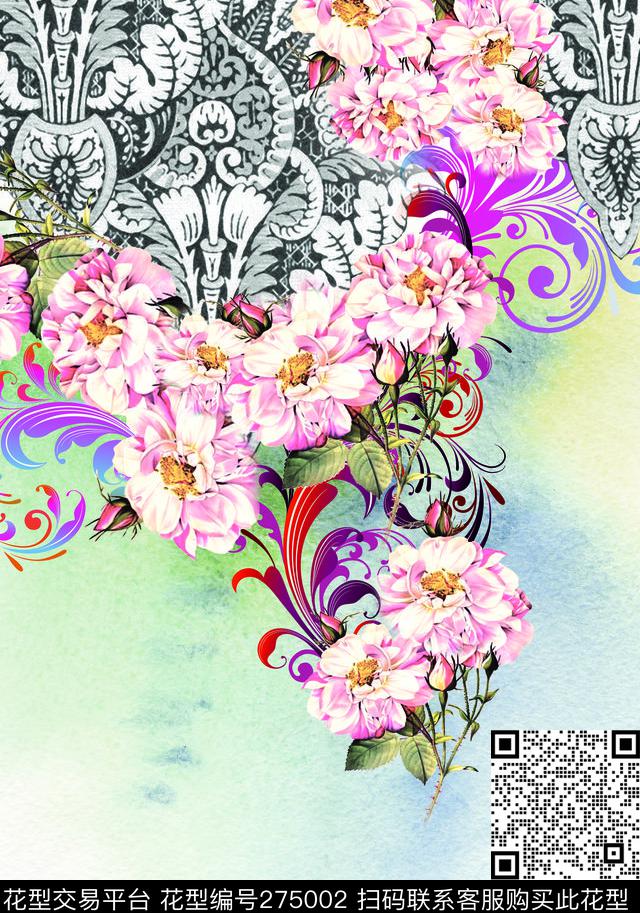 定位坠落花卉数码印花华亿平台下载（图片编号: 275002） - 瓦栏（Walan）