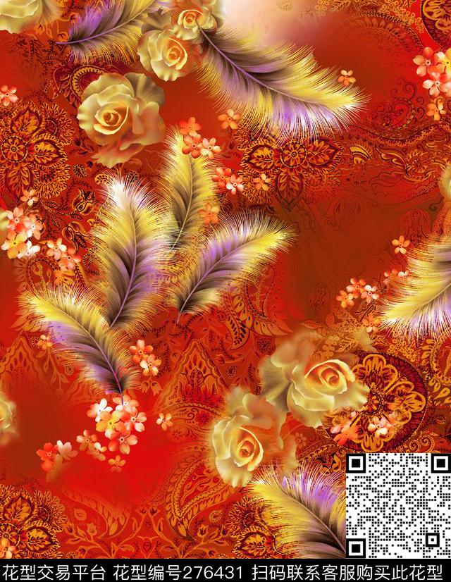 羽毛红色暖色数码印花华亿平台下载（图片编号: 276431） - 瓦栏（Walan）