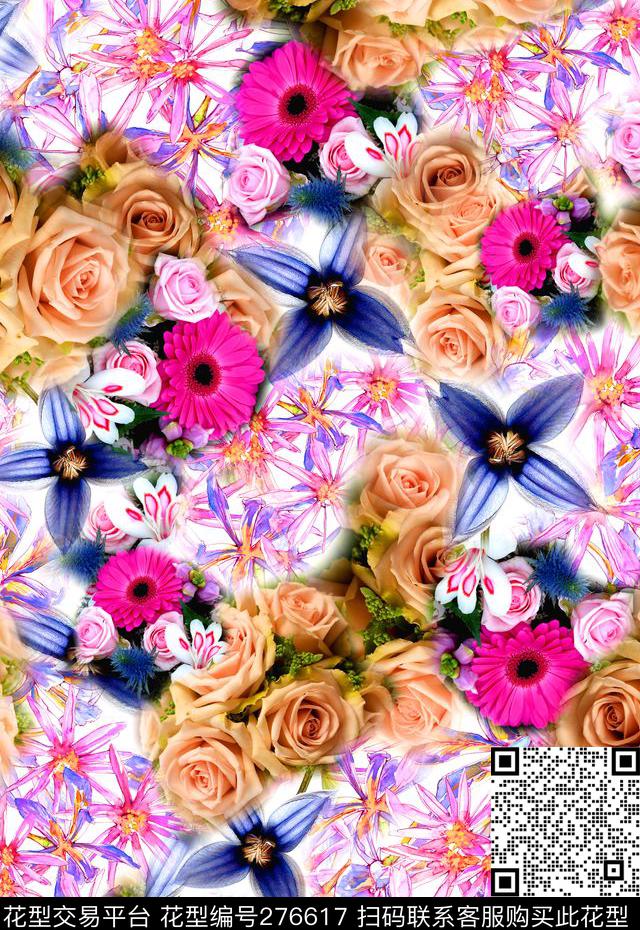 满底花卉玫瑰数码印花华亿平台下载（图片编号: 276617） - 瓦栏（Walan）