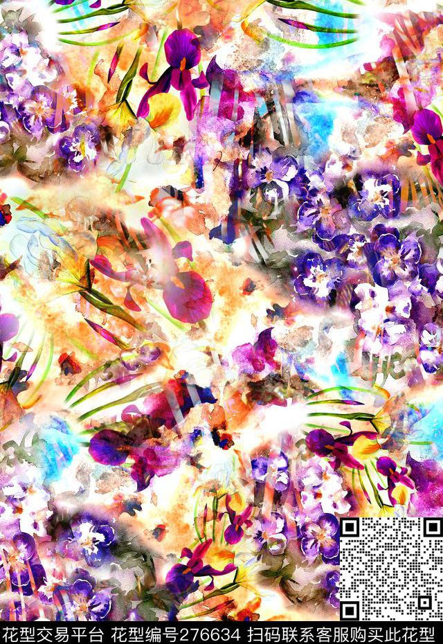 花卉水彩数码印花华亿平台下载（图片编号: 276634） - 瓦栏（Walan）