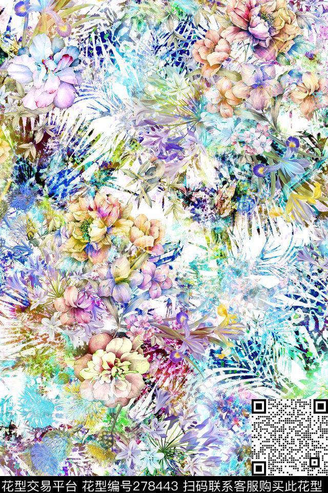 花卉水彩植物数码印花华亿平台下载（图片编号: 278443） - 瓦栏（Walan）