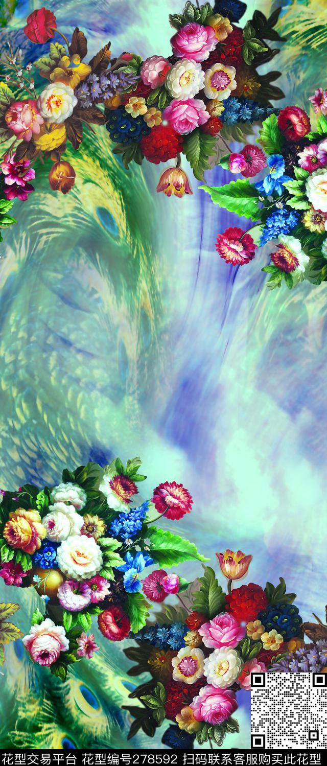 油画花卉羽毛数码印花华亿平台下载（图片编号: 278592） - 瓦栏（Walan）