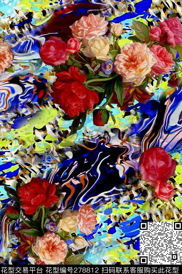 花卉水波纹浓艳数码印花华亿平台下载（图片编号: 278812） - 瓦栏（Walan）