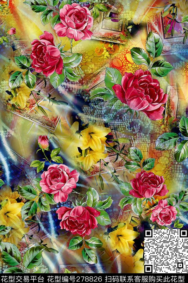 花卉玫瑰相框数码印花华亿平台下载（图片编号: 278826） - 瓦栏（Walan）