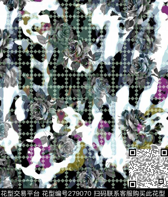 几何花卉花朵菱格数码印花华亿平台下载（图片编号: 279070） - 瓦栏（Walan）