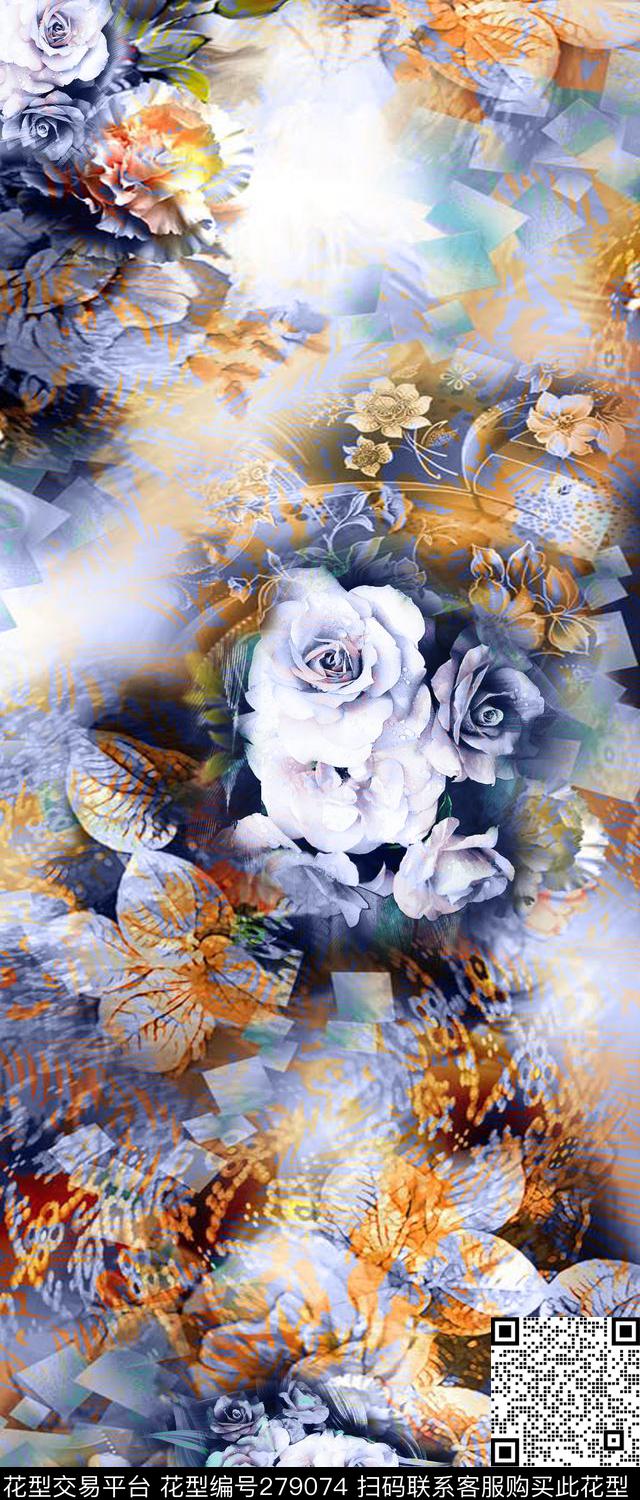 花卉花朵黑白数码印花华亿平台下载（图片编号: 279074） - 瓦栏（Walan）