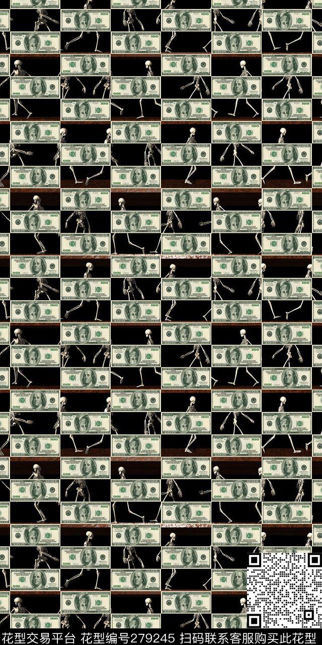 个性金钱骷髅传统印花华亿平台下载（图片编号: 279245） - 瓦栏（Walan）