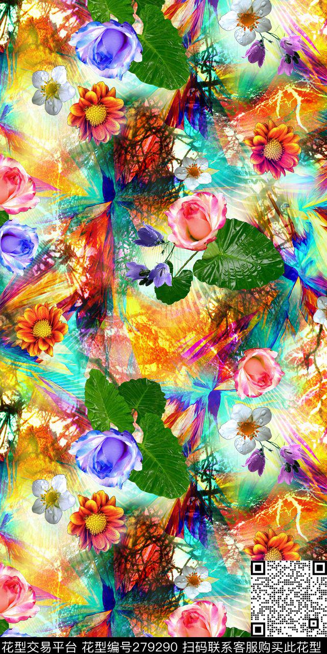 花卉炫彩彩色数码印花华亿平台下载（图片编号: 279290） - 瓦栏（Walan）