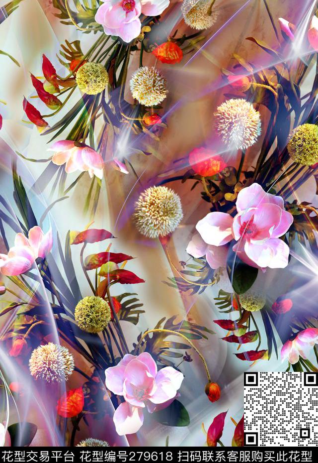 花卉花朵光线数码印花华亿平台下载（图片编号: 279618） - 瓦栏（Walan）