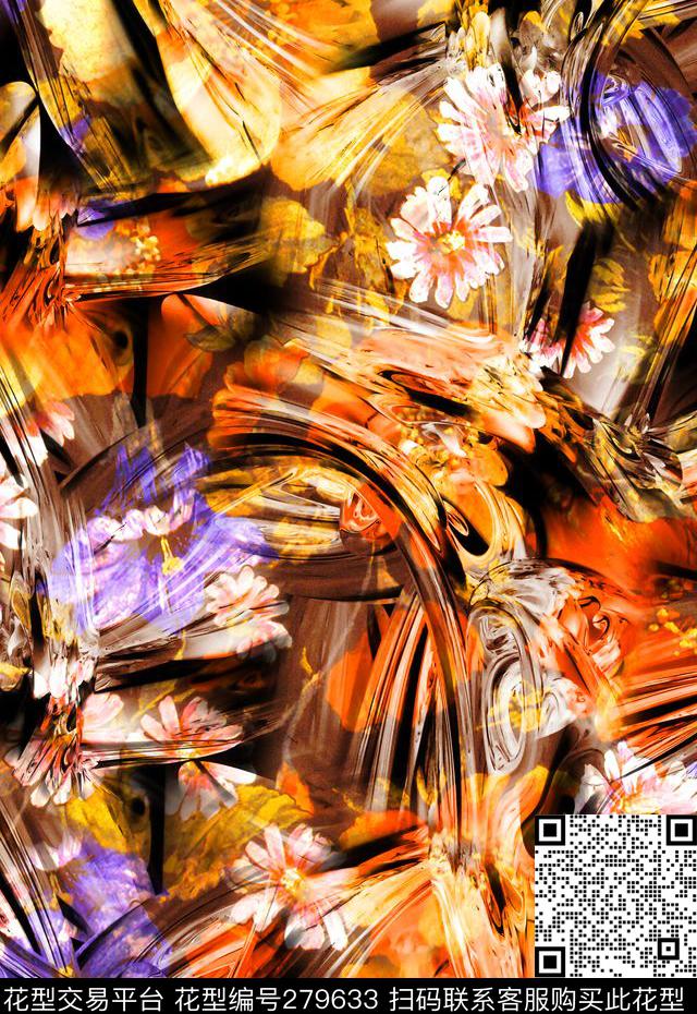画笔笔触花卉数码印花华亿平台下载（图片编号: 279633） - 瓦栏（Walan）