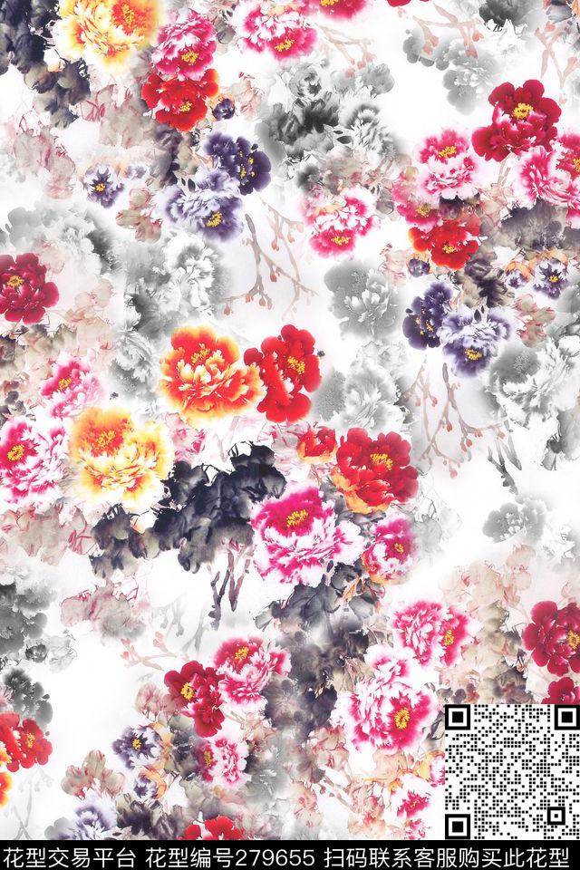 白底花卉中国风数码印花华亿平台下载（图片编号: 279655） - 瓦栏（Walan）