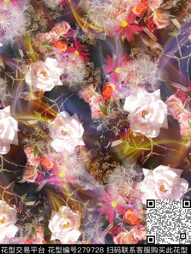花卉光影玫瑰数码印花华亿平台下载（图片编号: 279728） - 瓦栏（Walan）