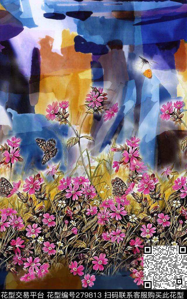 手绘花卉蝴蝶数码印花华亿平台下载（图片编号: 279813） - 瓦栏（Walan）