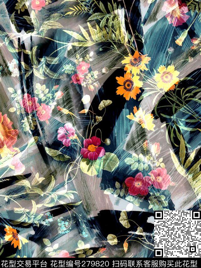 手绘草本植物黑底数码印花华亿平台下载（图片编号: 279820） - 瓦栏（Walan）