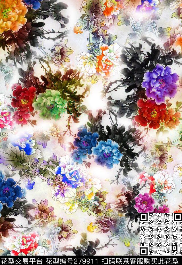 中国风水墨花卉数码印花华亿平台下载（图片编号: 279911） - 瓦栏（Walan）
