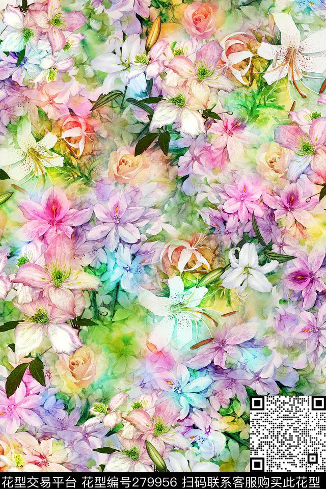手绘水彩花卉数码印花华亿平台下载（图片编号: 279956） - 瓦栏（Walan）