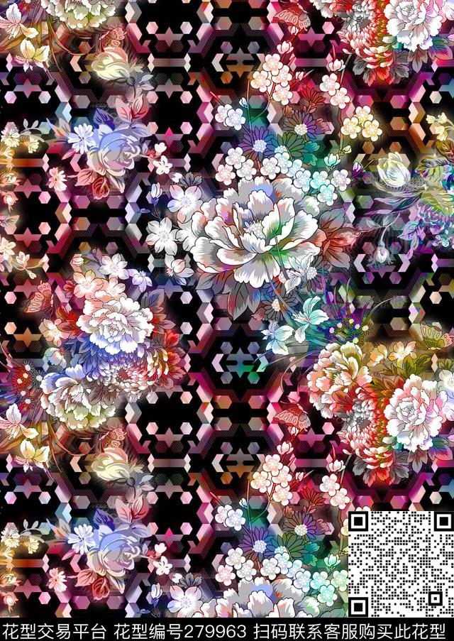 手绘描花花卉数码印花华亿平台下载（图片编号: 279963） - 瓦栏（Walan）