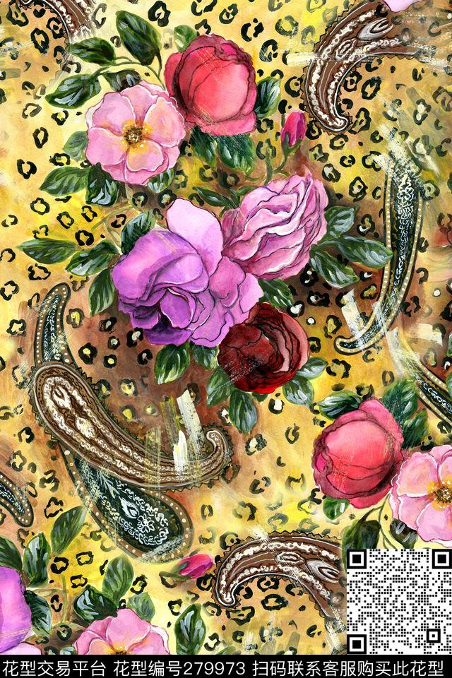 手绘花卉豹纹数码印花华亿平台下载（图片编号: 279973） - 瓦栏（Walan）