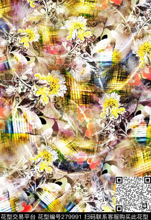 多彩花卉质感笔触数码印花华亿平台下载（图片编号: 279991） - 瓦栏（Walan）
