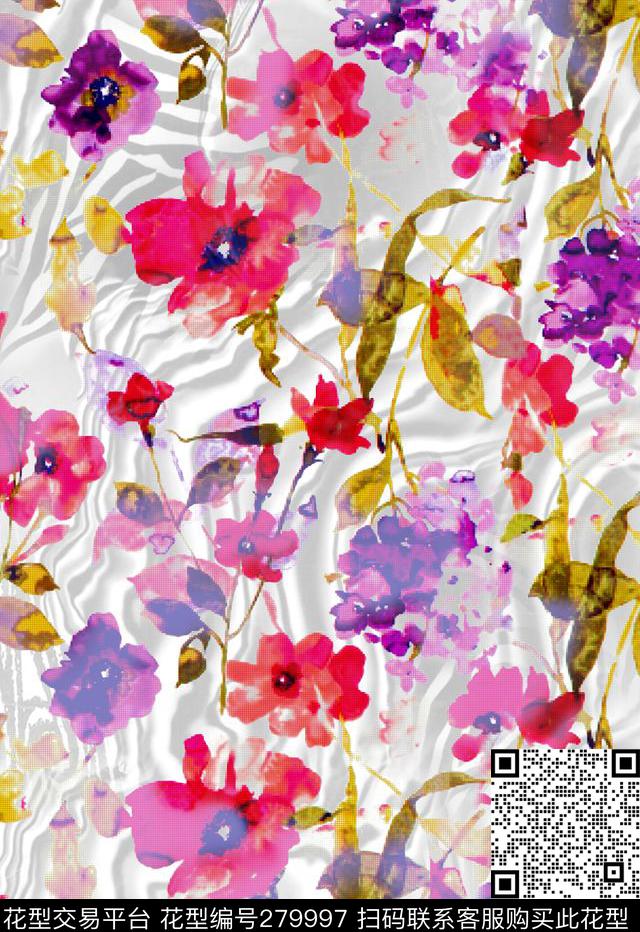 手绘水彩花卉数码印花华亿平台下载（图片编号: 279997） - 瓦栏（Walan）