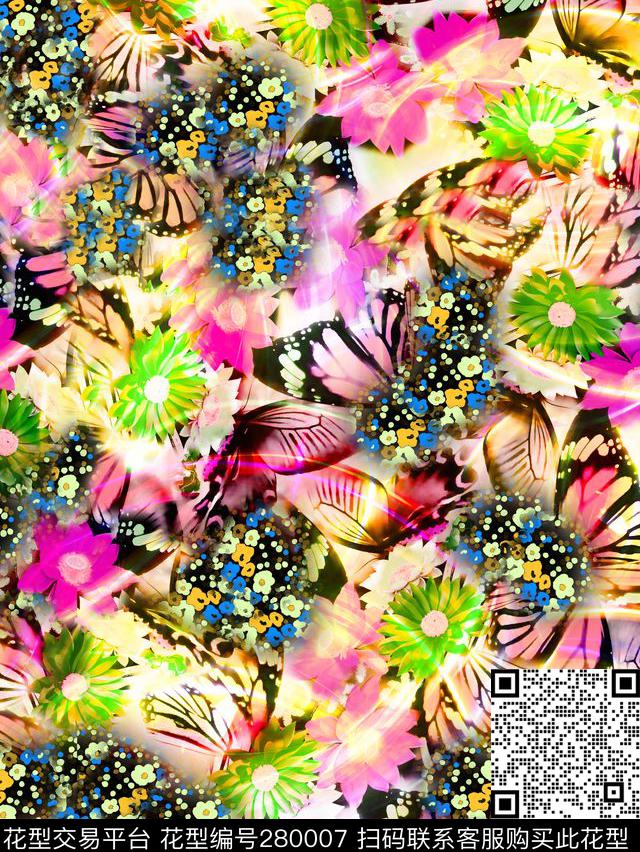 花卉蝴蝶炫彩数码印花华亿平台下载（图片编号: 280007） - 瓦栏（Walan）